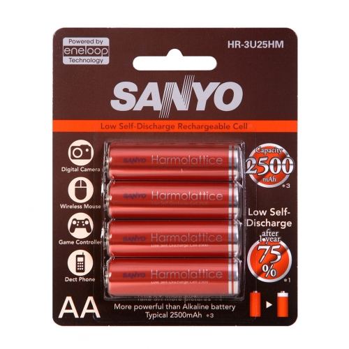 ถ่านชาร์จ Sanyo รุ่น Harmolattice ขนาด AA ความจุ 2500 mAh 4 ก้อน